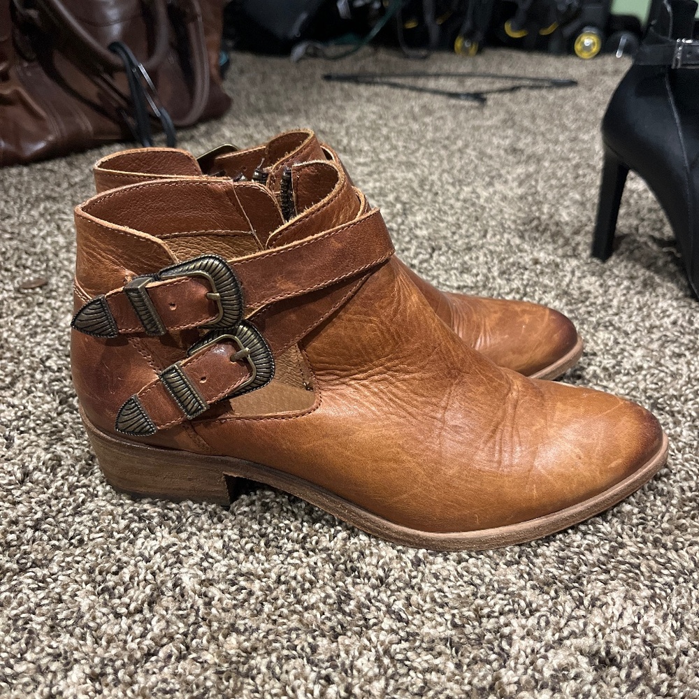 Frye Brown Leather Ankle Boots with Buckle Detail